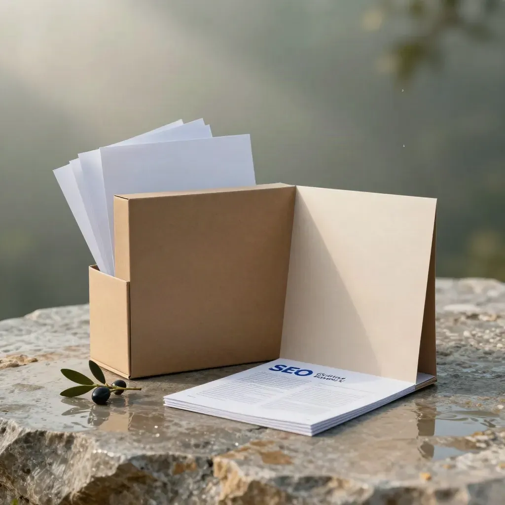Kit SEO in scatola avana su pietra bagnata, con schede bianche e rametto d’ulivo.