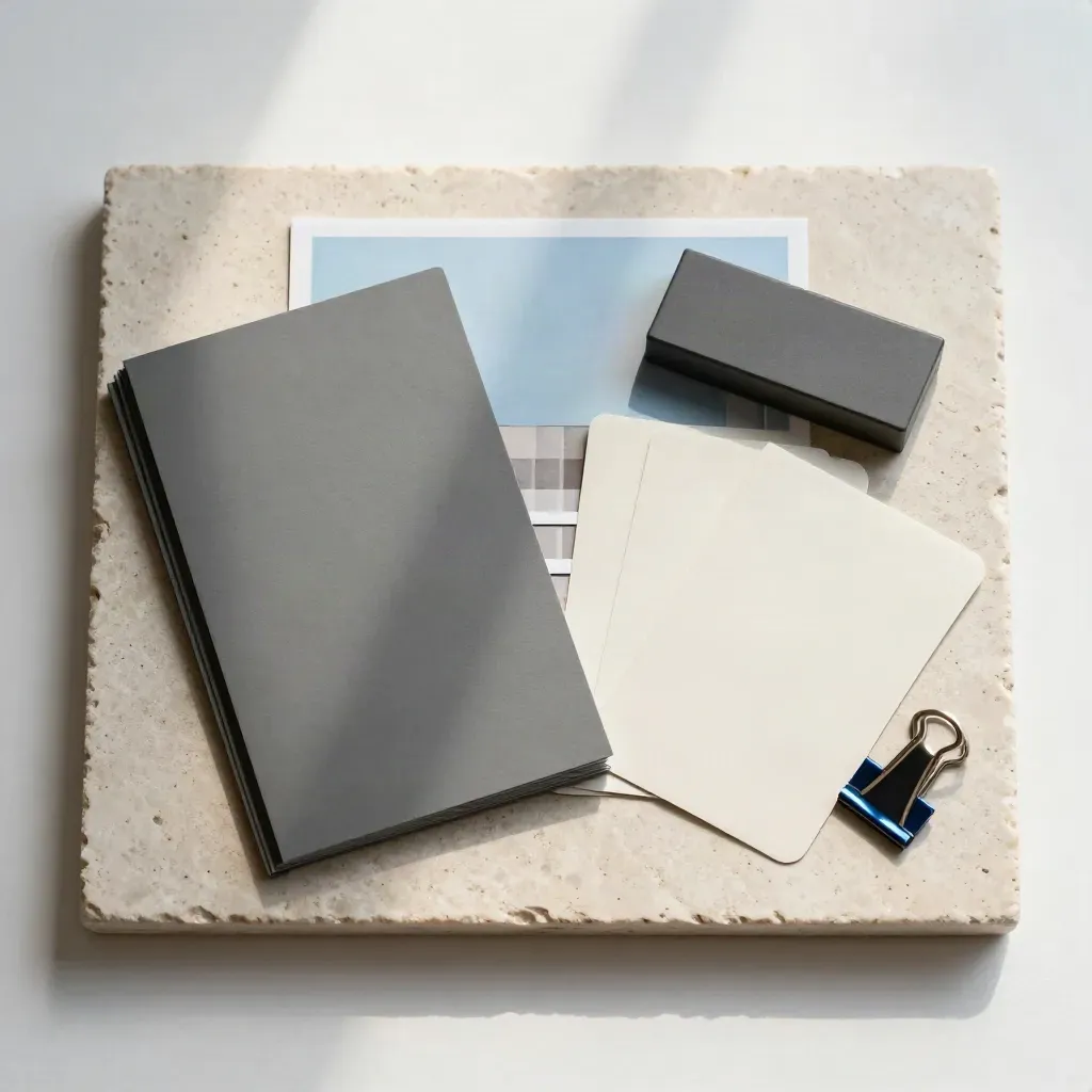 Kit CRO su pietra chiara con cartelle sottili, schede curve e clip metallica in diagonale.