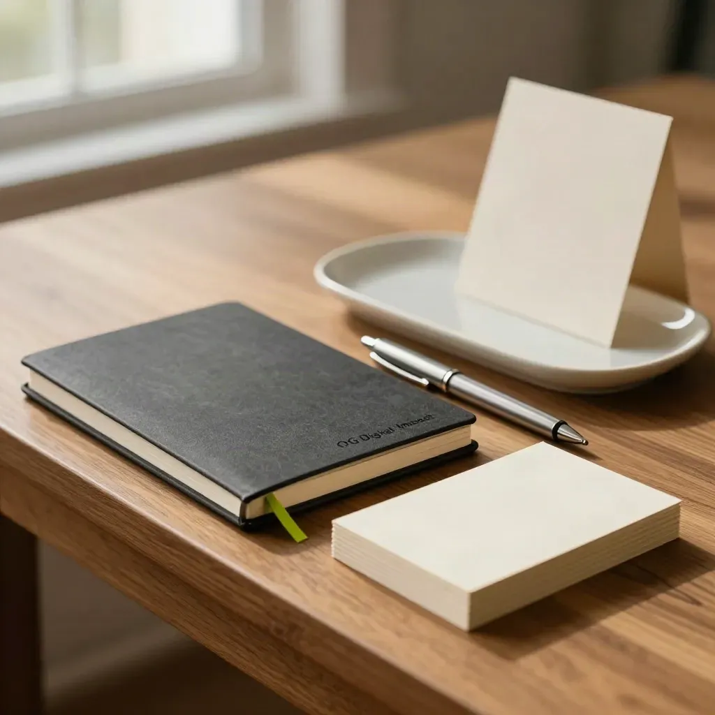 Set planner contenuti su scrivania in rovere con taccuino chiuso, carte bianche e penna metallica.