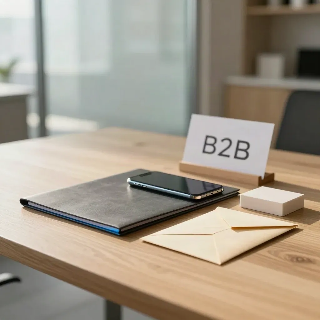 Kit lead B2B su tavolo chiaro con cartella, telefono spento, buste neutre e luce soffusa.