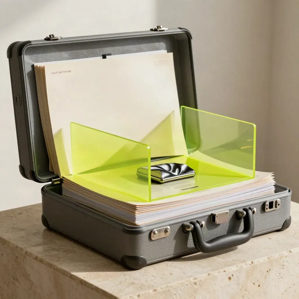 Custodia premium con dossier curvi e supporti traslucidi su base chiara, luce lime energica.