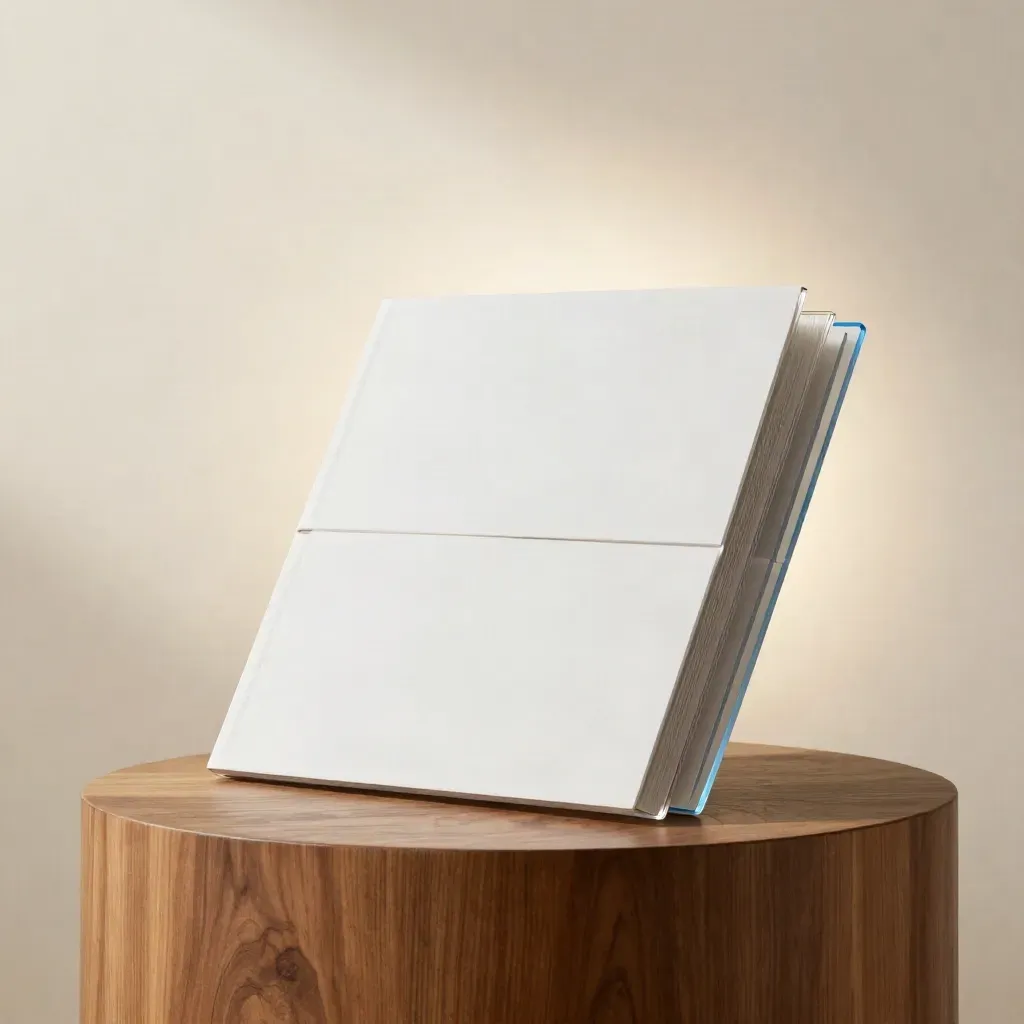 Kit premium con cartella bianca e moduli sfalsati su piedistallo in noce, luce morbida.