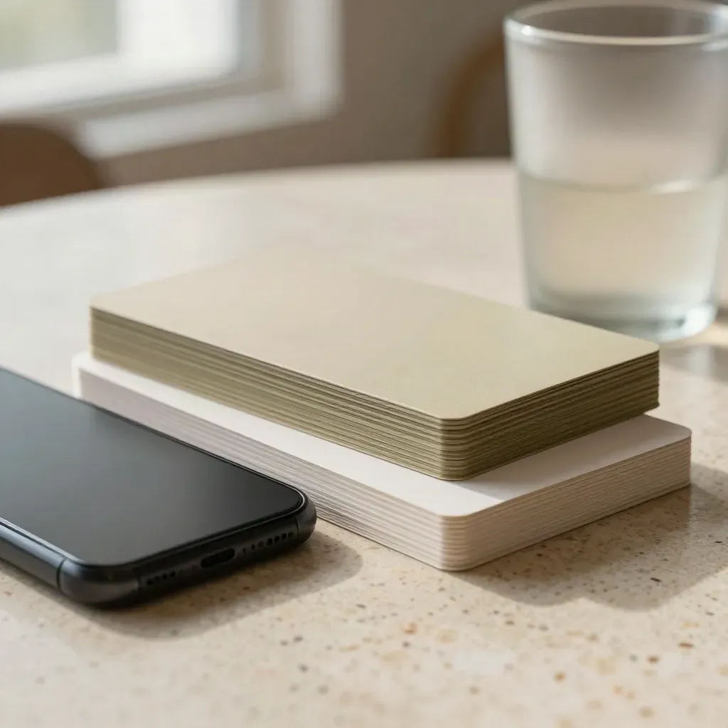 Kit Meta Ads con smartphone spento, card neutre e bicchiere opaco su tavolo chiaro.