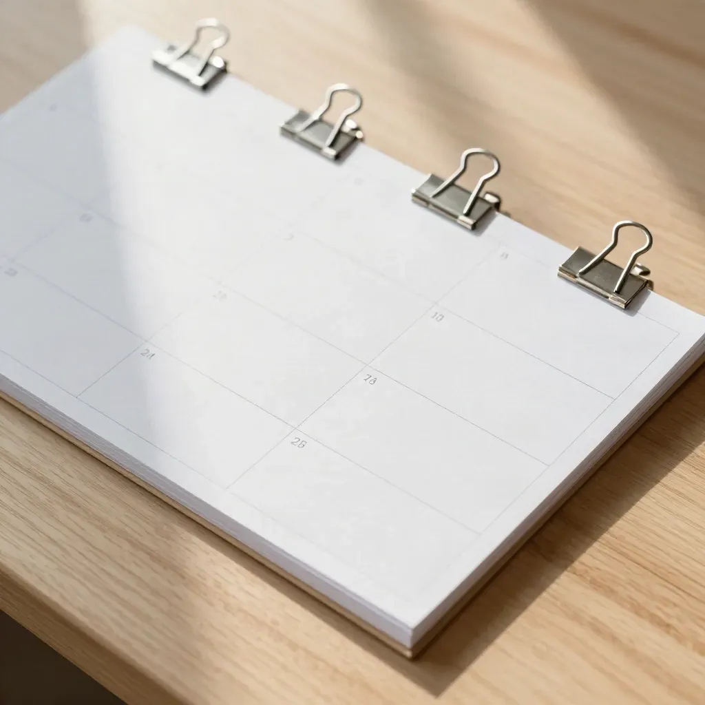 Flatlay dall’alto di fogli bianchi e clip metalliche su rovere chiaro per un calendario contenuti.