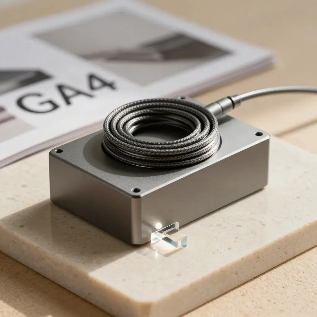 Modulo tecnico premium per tracking GA4 su base travertino con cavo e luce di stato
