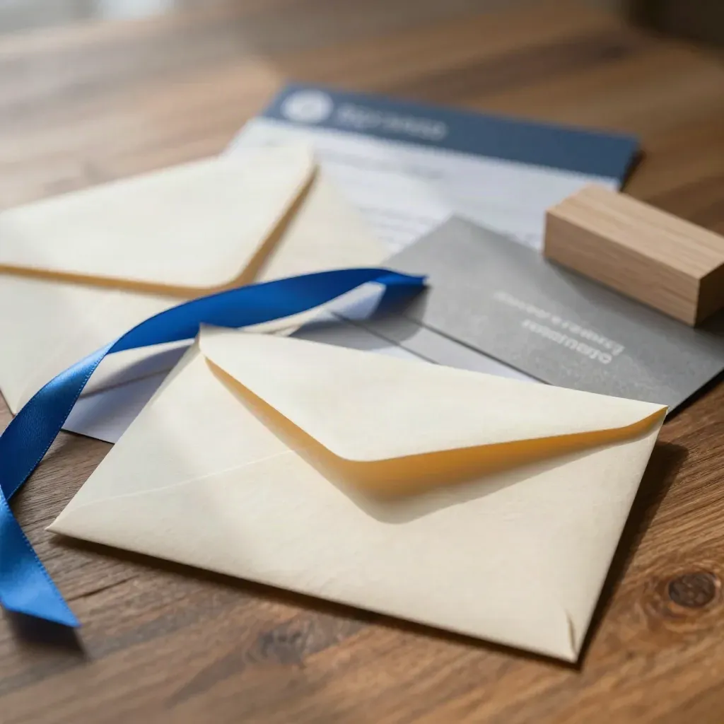 Buste chiuse e carta piegata su rovere, con nastro blu elettrico e card sfocata.