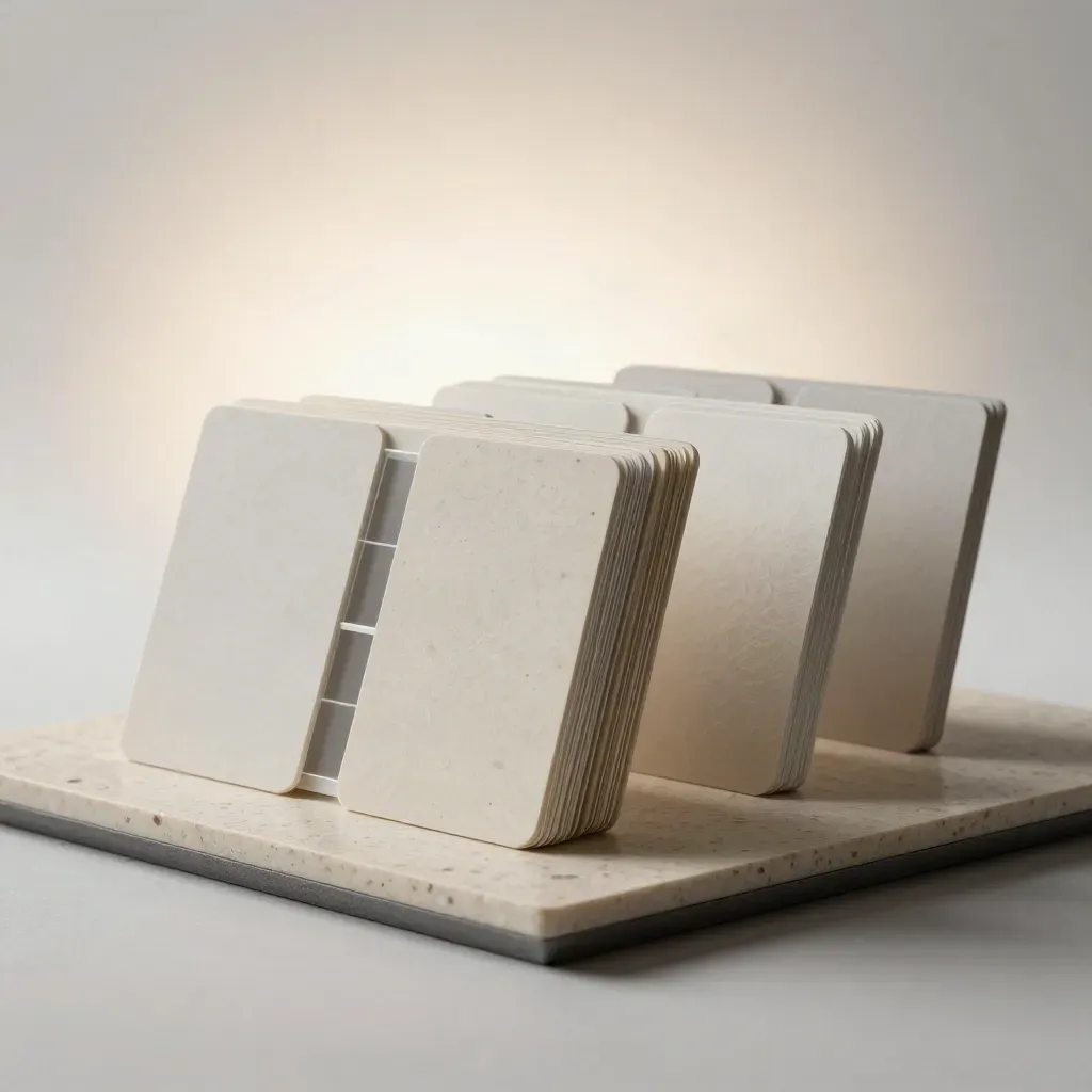 Set monumentale per audit conversioni con blocchi bianchi, schede curve e luce soffusa.