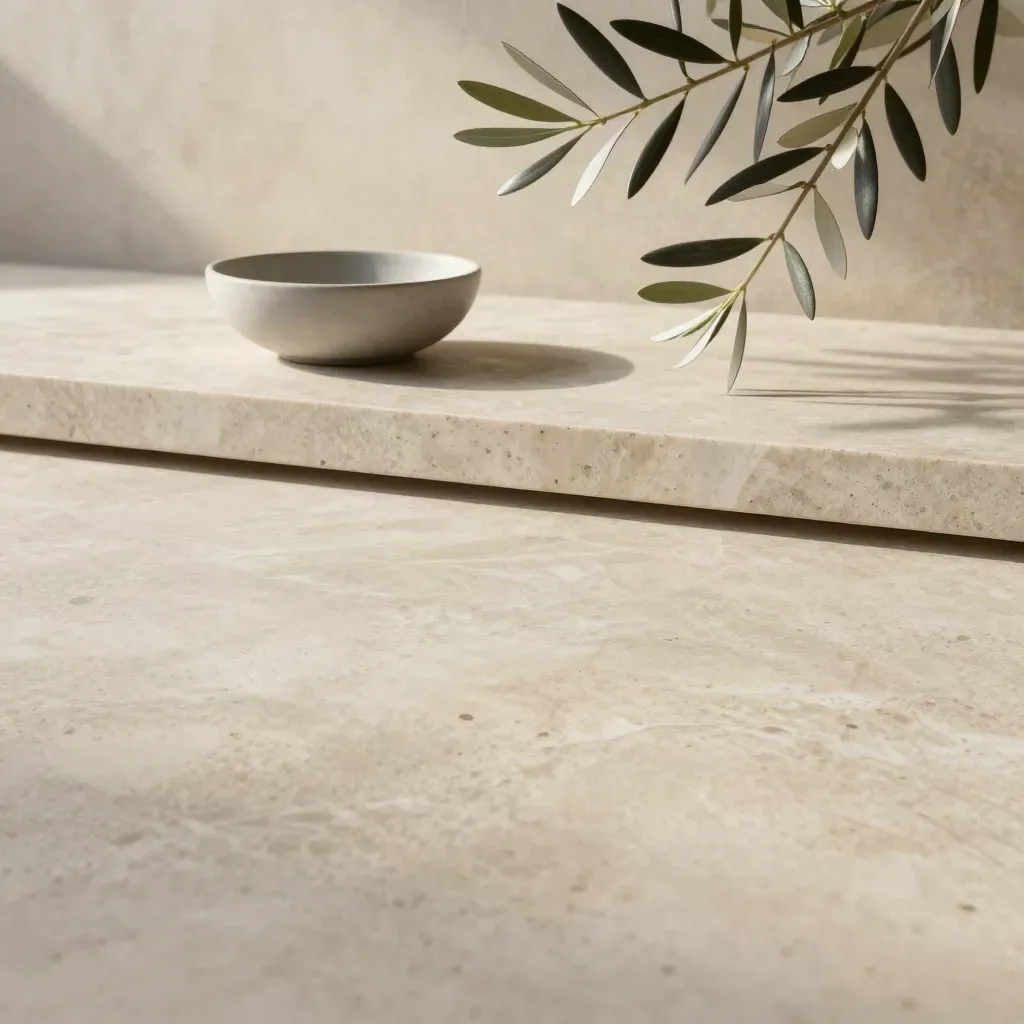 Terrazza in travertino con ciotola di ceramica e rami d’ulivo, luce mattutina morbida