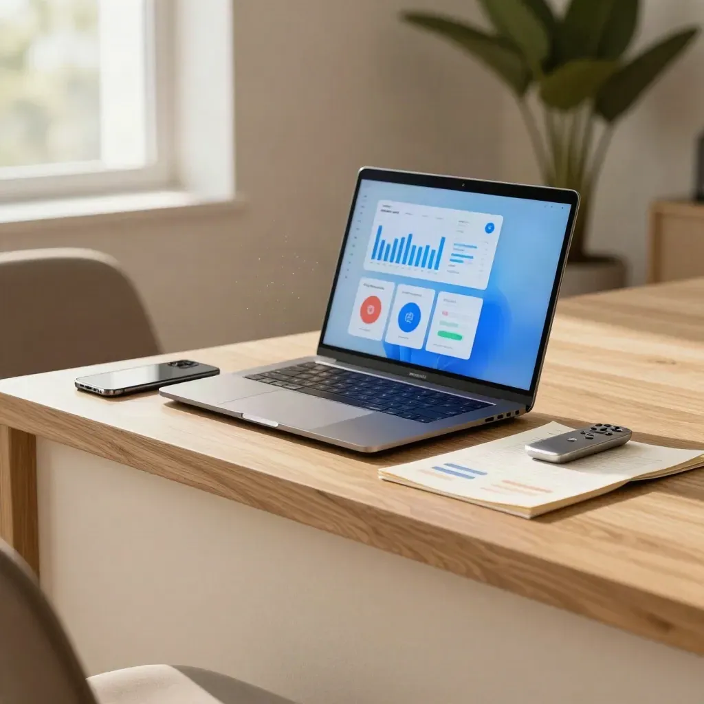 Interno caldo in rovere con laptop, smartphone e luce blu, sfondo sfocato per il copy.